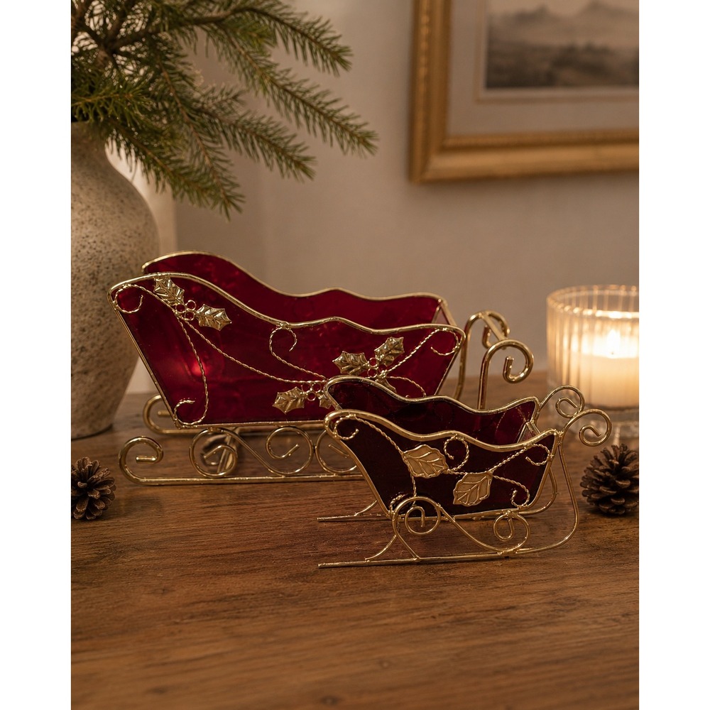 Set of 2 Red Sleighs with Gold Scroll Christmas Mantle Vtg Style Sleigh Holiday